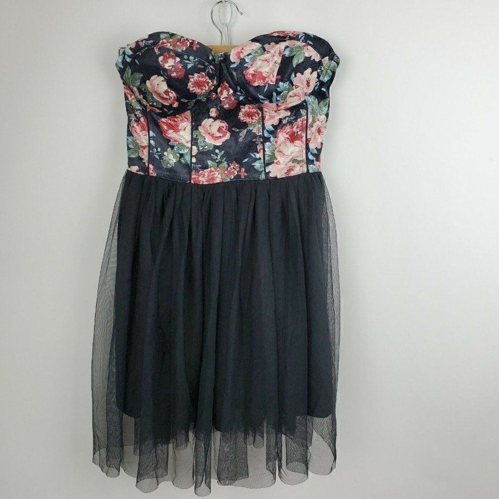Hollister Black Strapless Smock Back Floral Velvet Tutu Mini Dress 90s Y2K sz S
